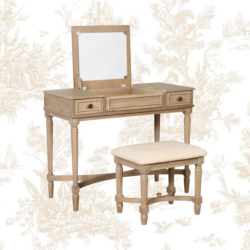 Kelly Clarkson Home June Natural Two Drawer Flip Top Vanity Set with Stool