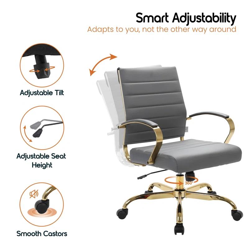 Everly Quinn Naudain Leather Office Chair – Modern Executive Swivel Task Chair with Wheels, Adjustable Height & Padded Arms for Desk or Conference Room