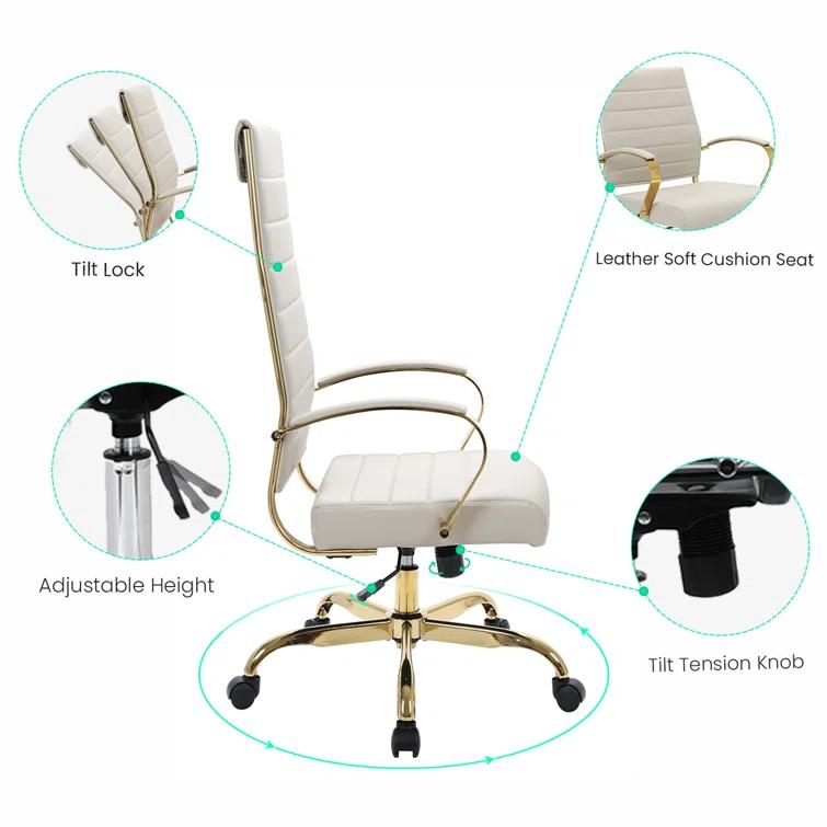 Everly Quinn Humairaa Leather Office Chair – Executive Task Chair with Swivel, Adjustable Height & Gold Base for Home Office or Conference Room