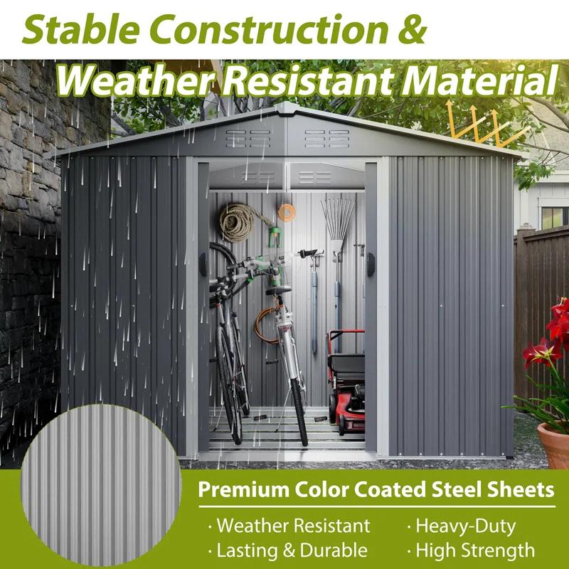 8X6 FT Outdoor Tool Storage Shed With Metal Foundation & Lockable Doors,  All Weather Metal Sheds