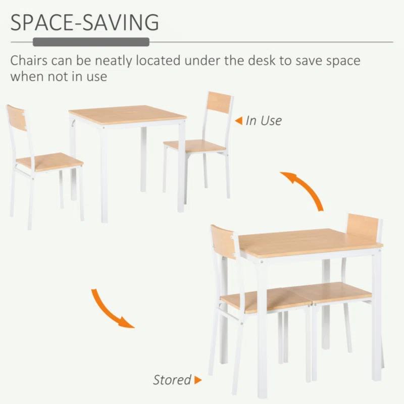 George Oliver HOMCOM 3-Piece Wooden Square Dining Table Set With 1 Table And 2 Chairs And Sturdy Metal Frame For Small Space, White