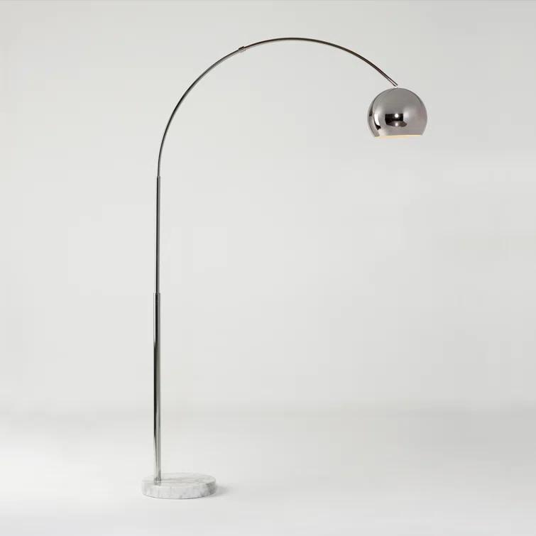 Brightech Olivia 75" Modern Industrial LED Arc Floor Lamp with Silver Chrome Finish, White Marble Base, and Metal Bowl Shade, Bulb Included