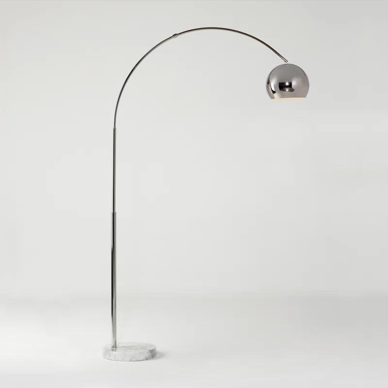 Brightech Olivia 75" Modern Industrial LED Arc Floor Lamp with Silver Chrome Finish, White Marble Base, and Metal Bowl Shade, Bulb Included