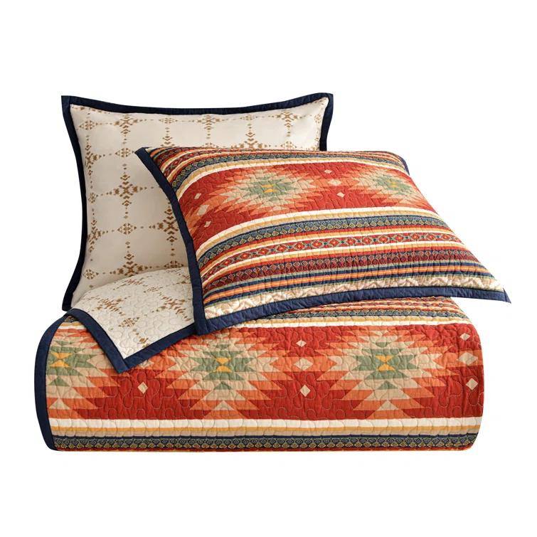 Paseo Road by HiEnd Accents Del Sol Red/Orange/Tan Aztec Print Cotton Southwestern Style Reversible Quilt Set