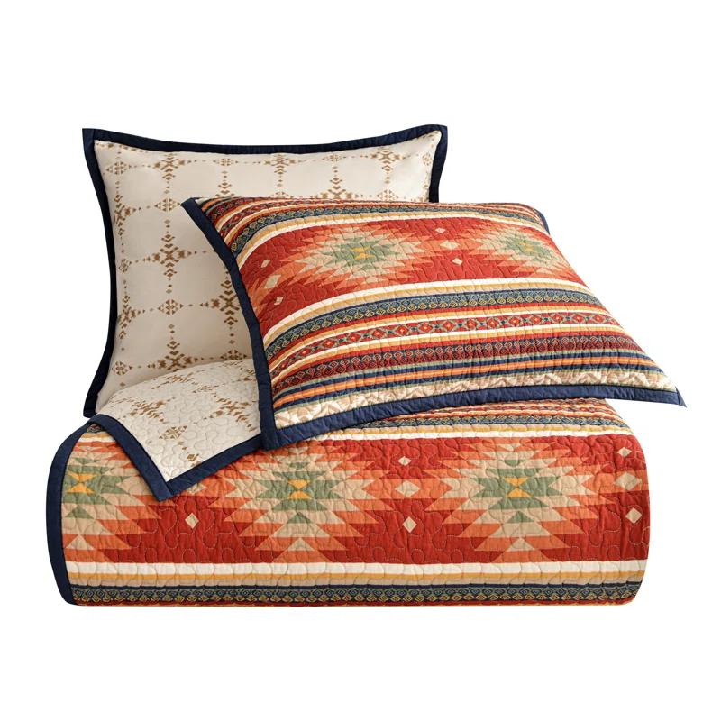 Paseo Road by HiEnd Accents Del Sol Red/Orange/Tan Aztec Print Cotton Southwestern Style Reversible Quilt Set