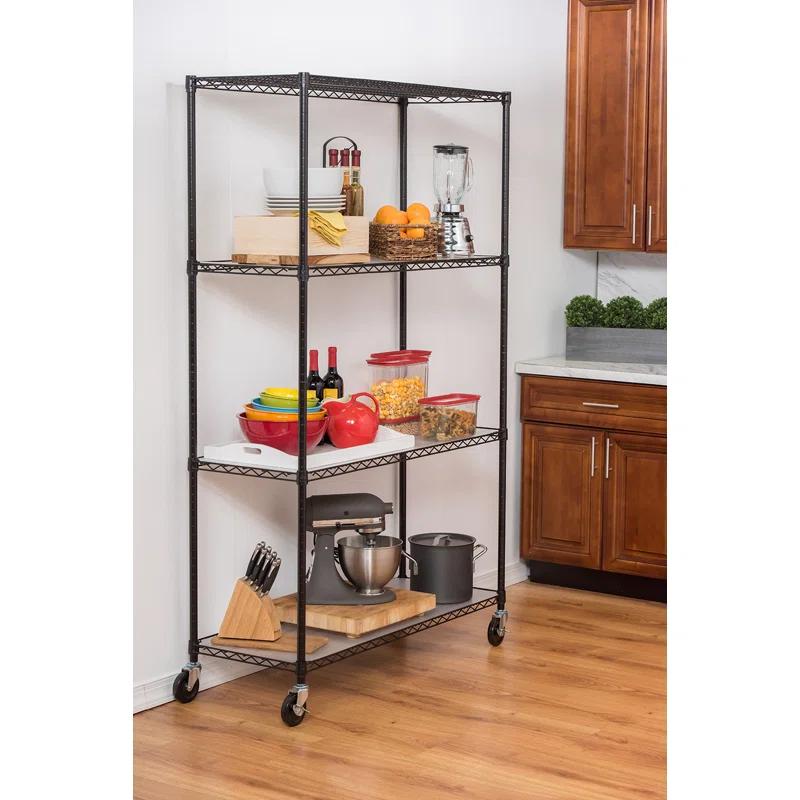 TRINITY Black 4-Tier NSF Rolling Steel Wire Shelving Unit w/ Liners & Wheels (48 in. W x 18 in. D)
