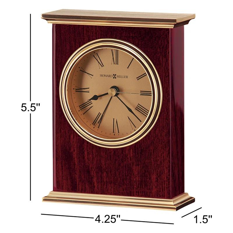 Howard Miller® Laurel Traditional Roman Numeral Wood Quartz Movement / Crystal Tabletop Clock with Alarm in Rosewood Hall/Polished Brass