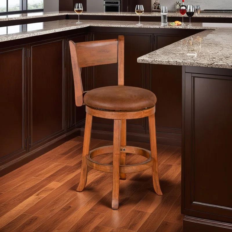 Benjara Marv Swivel Counter Height Chair Set Of 2, Brown Faux Leather, Wood (Set of 2)