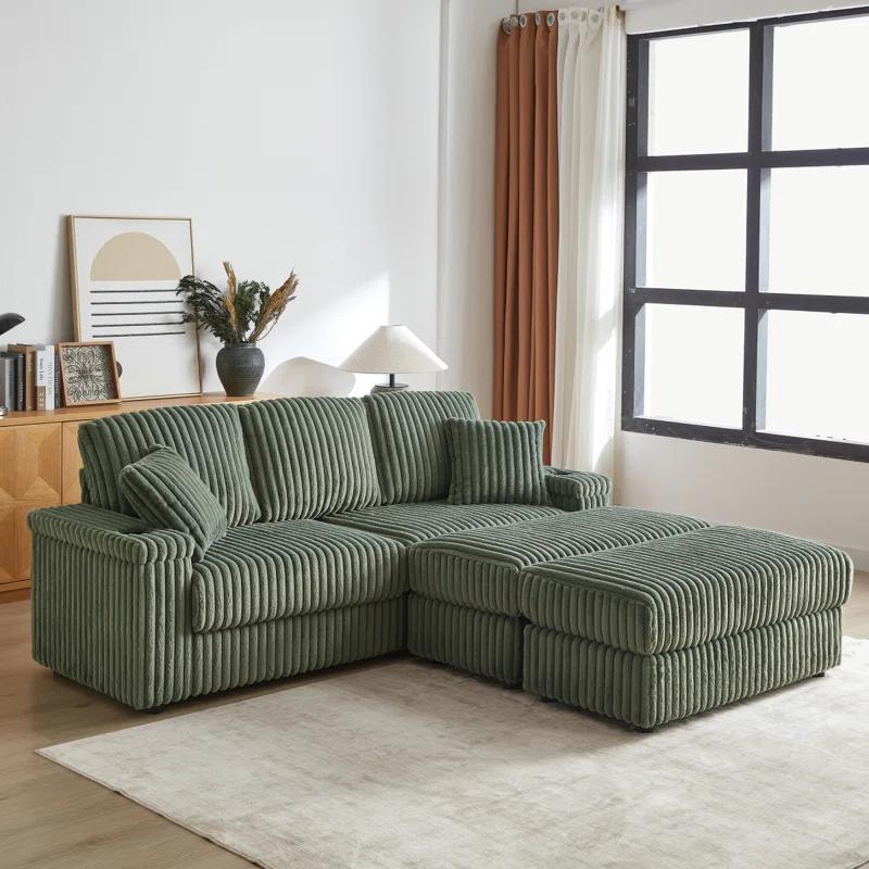 Latitude Run® 84 Corduroy 3-Seater Sofa With 3 Back Pillows ,2 Toss Pillows , A Ottoman ,2Storage Spaces And Cup-Holding Grooves Comfy Sofa- Deep Seat Couch