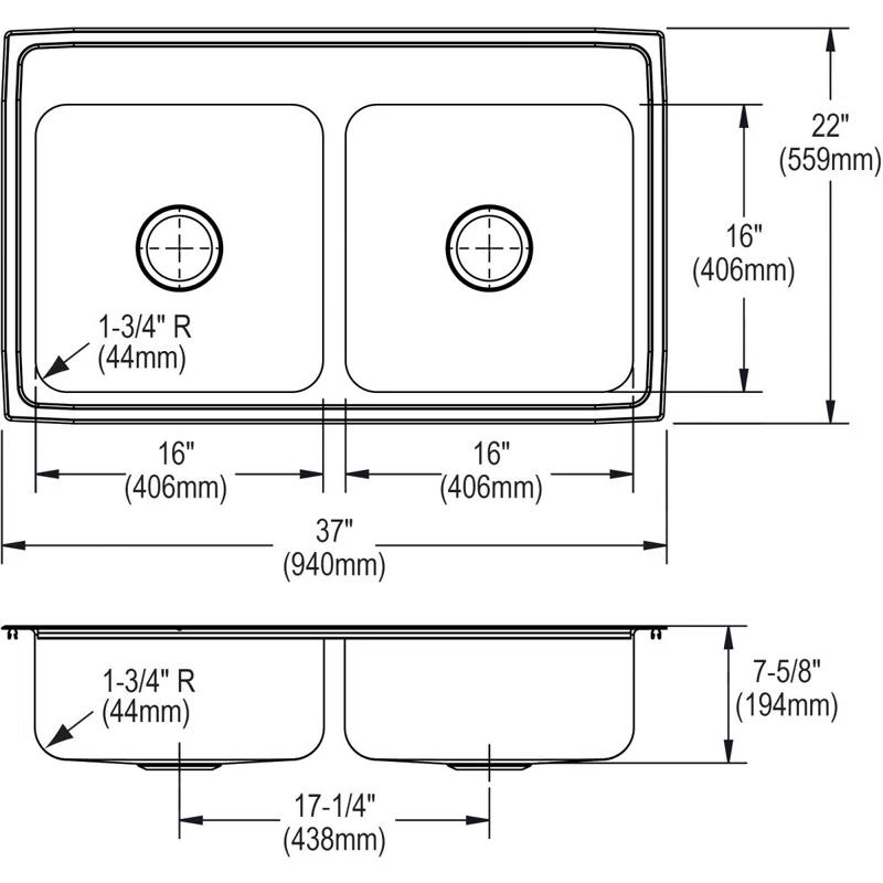 Elkay LR37221 Lustertone 37" L x 22" W Double Basin Drop-In Kitchen Sink