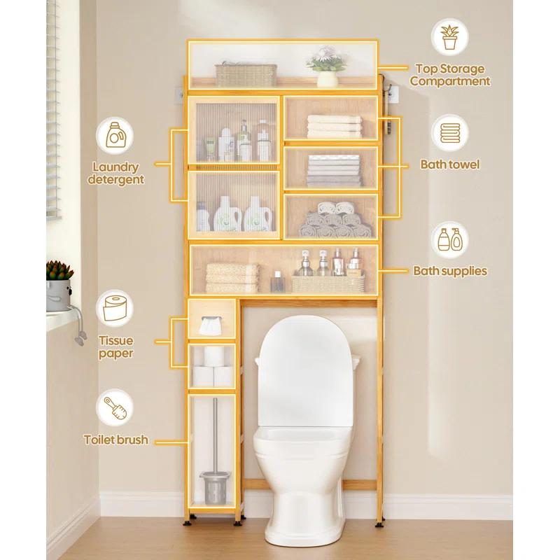 Latitude Run® Over The Toilet Storage Cabinet With Acrylic Door Panel And Paper Towel Drawer, Bamboo Space Saver Shelf, Bathroom Organizer Rack