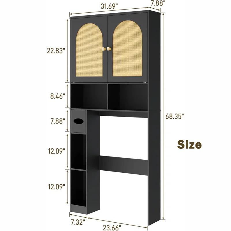 Bayou Breeze Over The Toilet Storage Cabinet, Rattan Storage Cabinet with 2 Doors & Toilet Paper Holder Stand, Freestanding Toilet Rack Space Saving and Adjustable Shelf