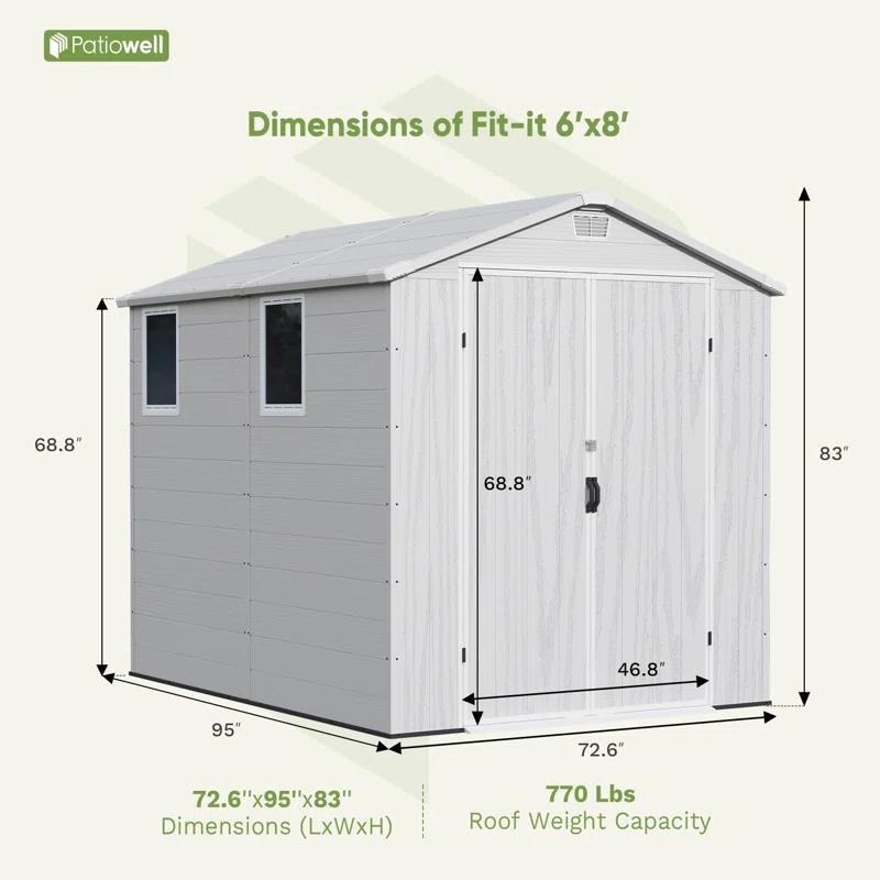 Patiowell 6 Ft. W X 8 Ft. D Resin Outdoor Storage Shed, Weather-resistant Outdoor Storage With Reinforced Design