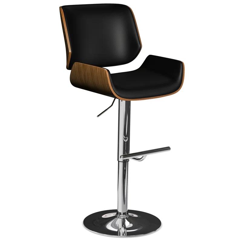 Simpli Home Dixie Adjustable Swivel Upholstered Mid-Century Modern Bar Stool with Bentwood Frame and Footrest