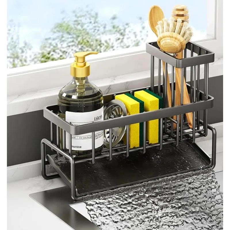 WKING Stainless Steel Kitchen Sink Caddy Organizer With Draining Tray, Rustproof Sponge Holder For Sink, Adjustable Compartments, Space-Saving Design