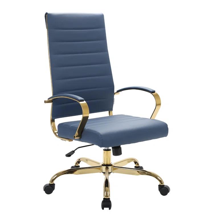 Everly Quinn Humairaa Leather Office Chair – Executive Task Chair with Swivel, Adjustable Height & Gold Base for Home Office or Conference Room