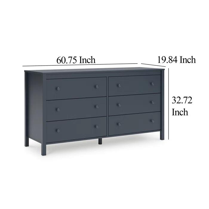 Benjara Cian Wide Dresser, 6 Drawers, Knob Handles, Navy Blue Wood, 61 Inch