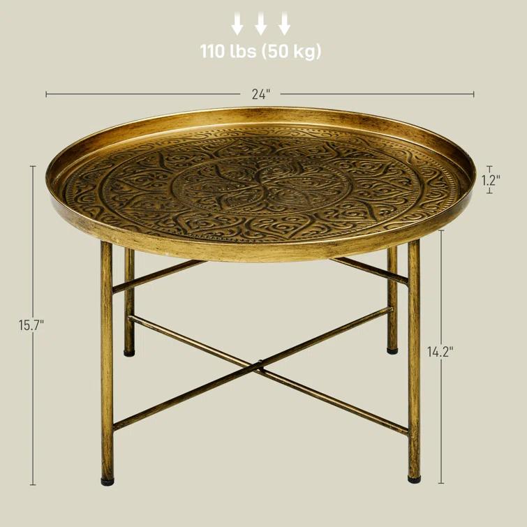 Dakota Fields 24" Round Coffee Table with Hammered Tray Top & Metal Frame, Gold