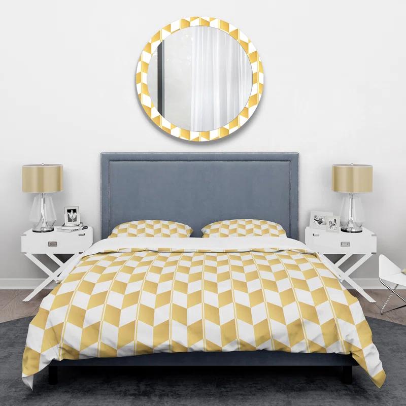 Design Art Gold And White Geometric Pattern I - Glam Abstract Duvet Cover Set - Microfiber Polyester