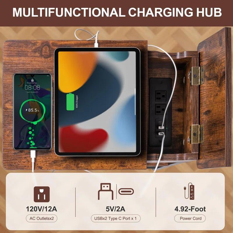 Hokku Designs Rustic Slim Side Table With USB Ports, Outlets & Charging Station For Living Room & Bedroom