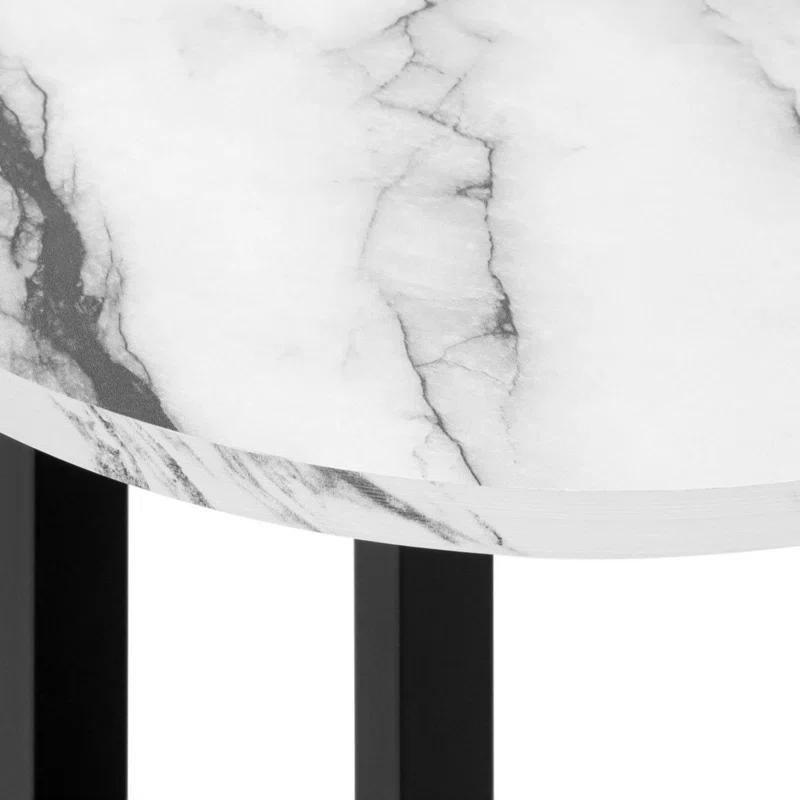 17 Stories Accent Table, Side, Round, End, Nightstand, Lamp, Living Room, Bedroom, White Marble Look Laminate, Black Metal, Contemporary, Modern