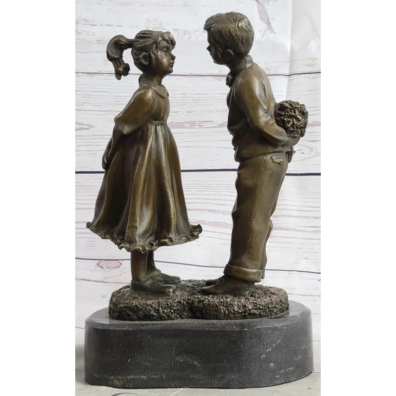 Canora Grey Tarrie First Kiss Love Romance Children Bronze Sculpture Figure On Heart Shaped Marble Base