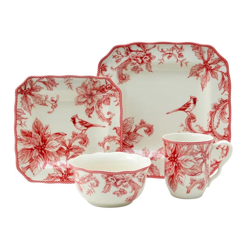 222 Fifth 222 Fifth Christmas Lane Red 16-Piece Porcelain Dinnerware Set - Service For 4, Plates, Bowls & Mugs