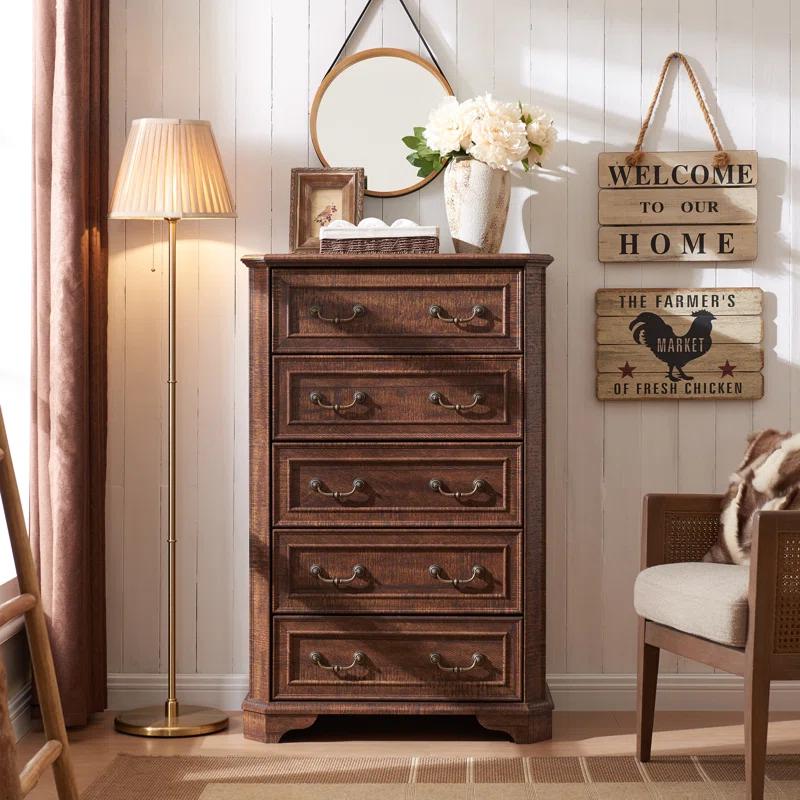 Laurel Foundry Modern Farmhouse® Theron Farmhouse 5 Drawer Bedroom Dresser, Wood Tall Chest of Drawers, Closet Storage for Bedroom