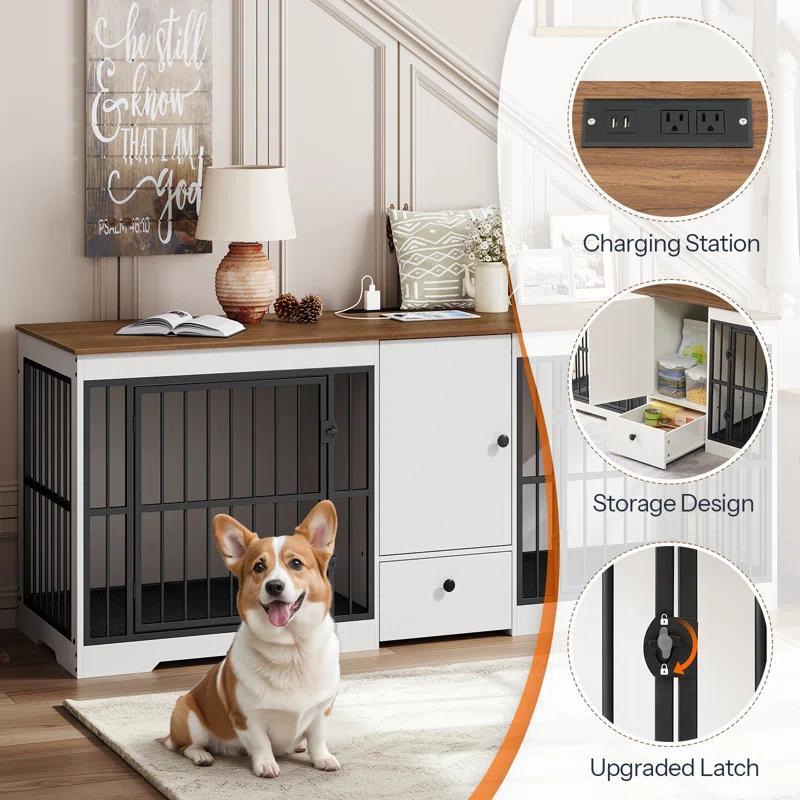Tucker Murphy Pet™ 72.8 Inch Dog Crate Furniture For 2 Dogs, Farmhouse Double Dog Cage Furniture With Storage Cabinet And Drawer, Wooden Dog Kennel Tv Stand With Power Outlet