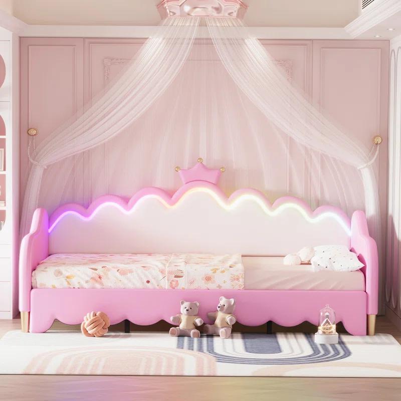 Twin Extending Daybed with LED Lights, Modern Upholstered Princess Daybed
