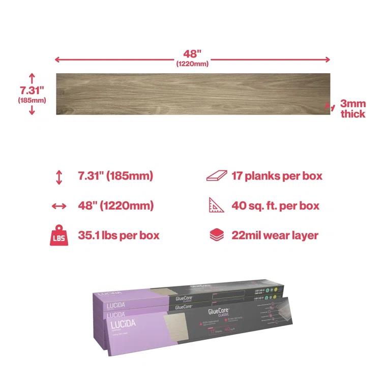 Lucida USA GlueCore Classic 22mil x 7.3" W x 48" L Glue Down Vinyl Tile Flooring