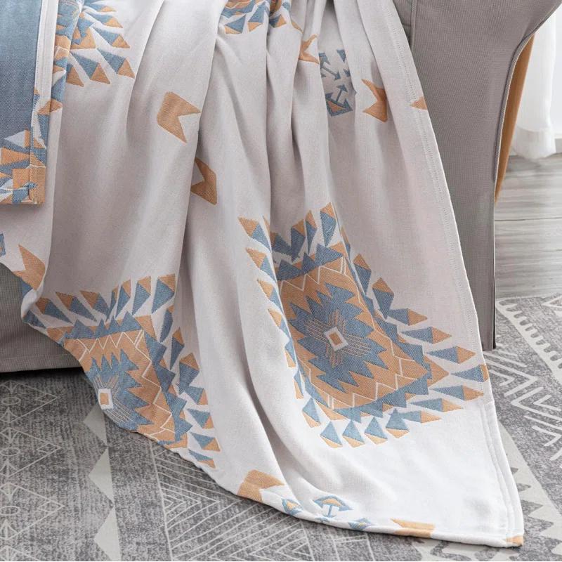 Chezmoi Collection Ezra Jacquard Woven Lightweight 4-Layer Reversible Cotton Thin Blanket