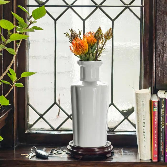 Oriental Furniture 12" Floral Blue & White Porcelain Vase, living room
