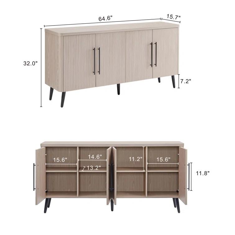 Manhattan Comfort Jodie 65" Mid-Century Modern Sideboard with 8 Adjustable Shelves in Whitewashed Oak
