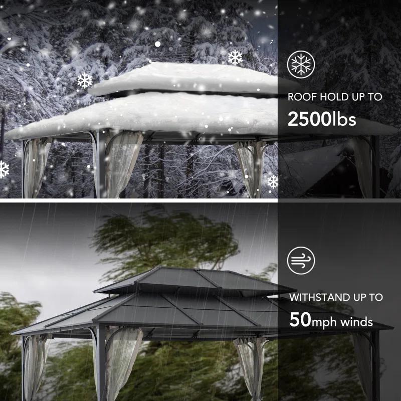 Sunjoy Sunjoy Hardtop Gazebo 12 x 16 ft. Outdoor Gazebo, Heavy Duty Steel Frame Gazebo, Double Tiered Metal Gazebo with Ceiling Hook and Removable Netting Sidewalls