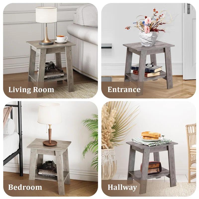Gracie Oaks End Table, Small Side Table, Nightstand With 2-Tier Storage Shelf, Wood Bedside Table, Narrow Side Table Living Room, Side Table For Small Spaces, Bedroom, Entryway, Farmhouse, Grey