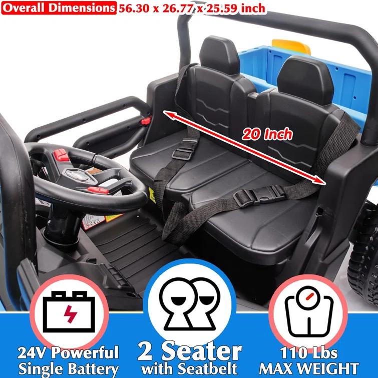JOYRACER 24V 2 Seater Ride On Dump Truck with Remote Control , Electric UTV Car with Electric Dump Bed, 4WD Power Ride Cars W/6 Wheels Ride On Toys with Shovel Music Player