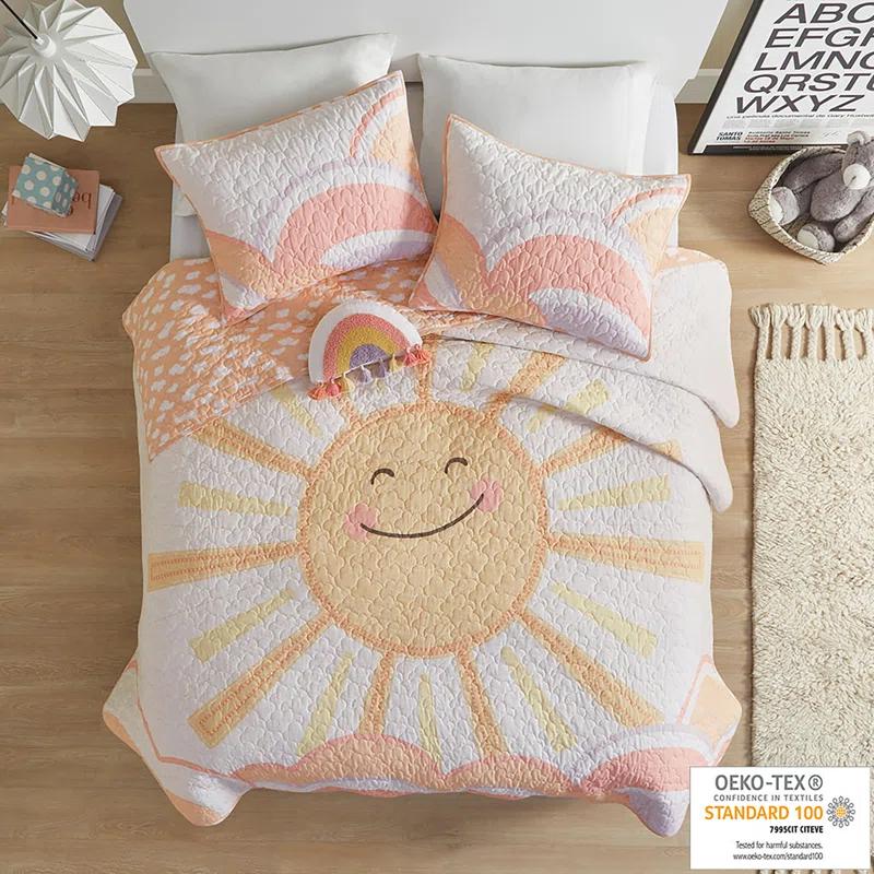 Intelligent Design Kids Dawn Sunshine Clouds Yellow/Coral 100% Cotton Reversible Quilt Set Full/Queen