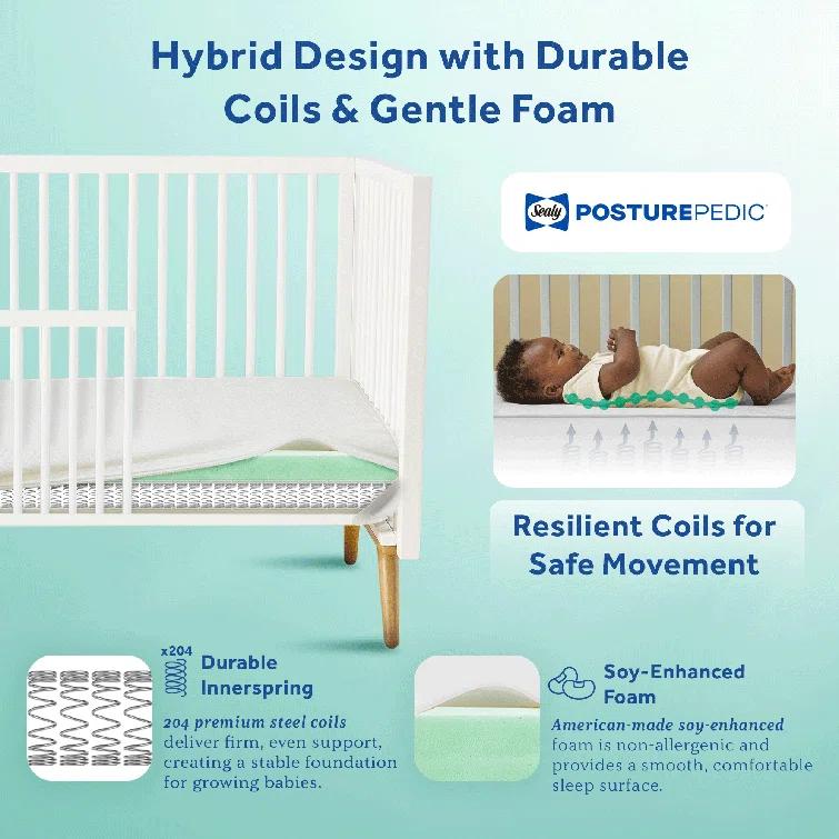 Sealy Posturepedic Grace Breathable Hypoallergenic 2-Stage Waterproof Baby Crib Mattress & Toddler Bed Mattress, GREENGUARD Gold Certified, 52" x 28"