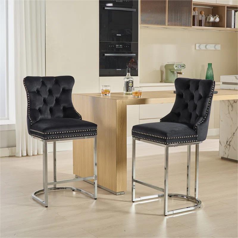 Rosdorf Park 25" Counter Height Bar Stools Set Of 2, Modern Velvet Barstools With Button Back&Rivet Trim Upholstered Kitchen Island Chairs With Sturdy Chromed Metal Base Legs Farmhouse Bar Stools,