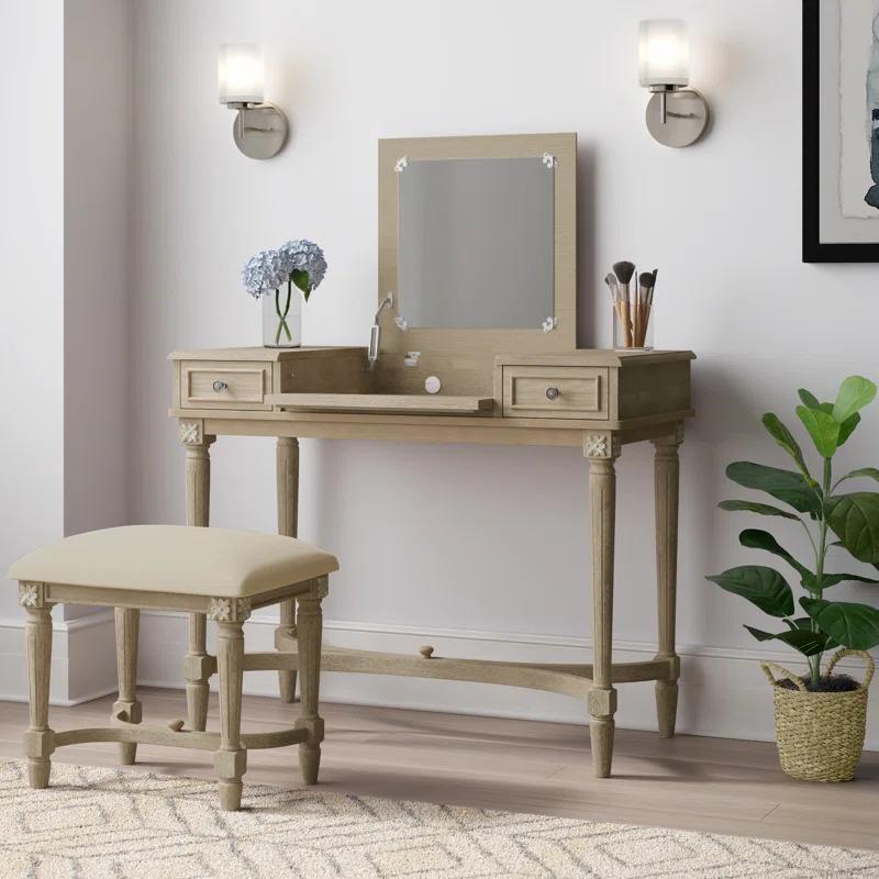 Kelly Clarkson Home June Natural Two Drawer Flip Top Vanity Set with Stool