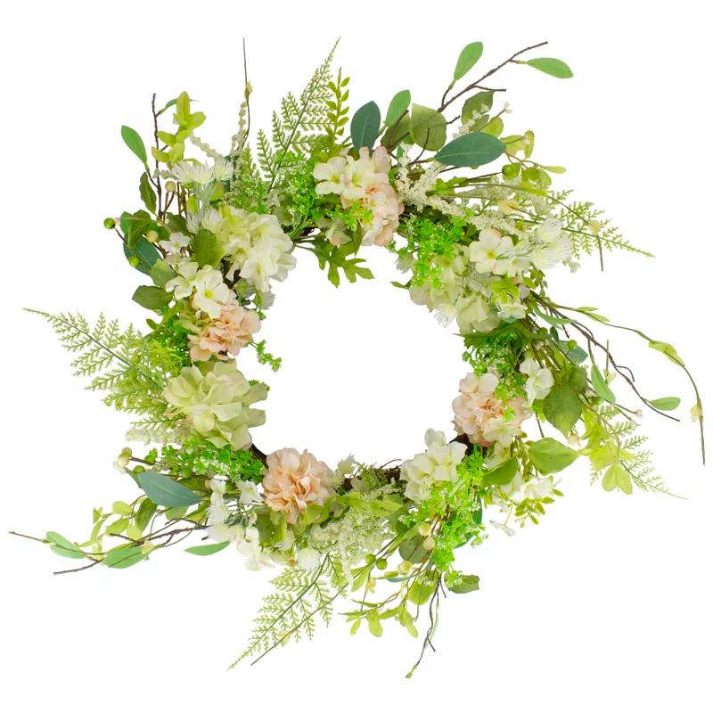 Northlight Seasonal Hydrangea and Fern Spring Floral Berry Wreath Green and Pink 28"