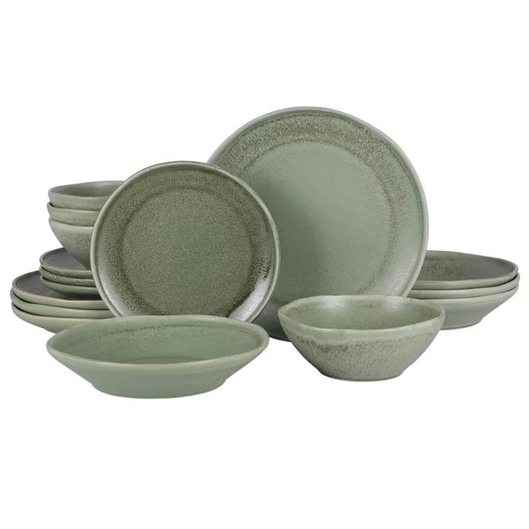 Gibson Elite Island Cove 16 Piece (Service for 4) Plates and Bowls Reactive Glaze Organic Round Dishes Stoneware Ceramic Dinnerware Set