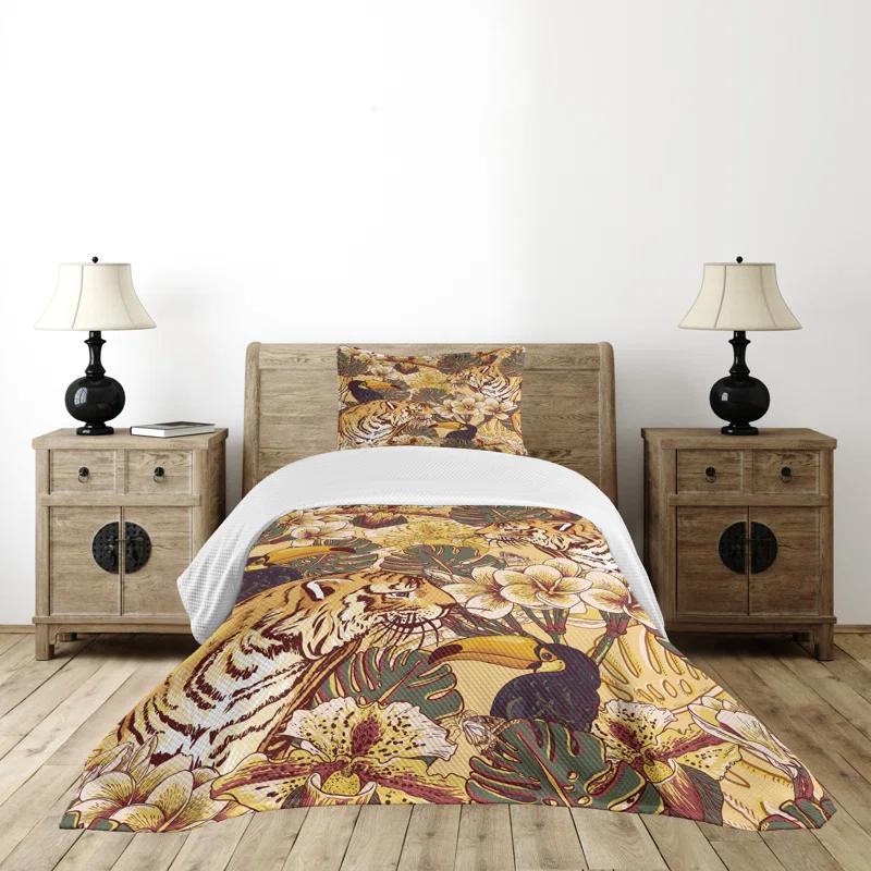 Ambesonne Ambesonne Tiger Bedspread Set Tropical Bengal Toucan Earth Yellow Dark Blue
