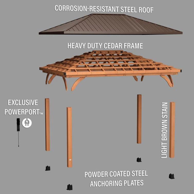 Backyard Discovery Backyard Discovery Barrington 16' x 12' Cedar Wood Outdoor Patio Gazebo with Hardtop Galvanized Steel Hip Roof and PowerPort