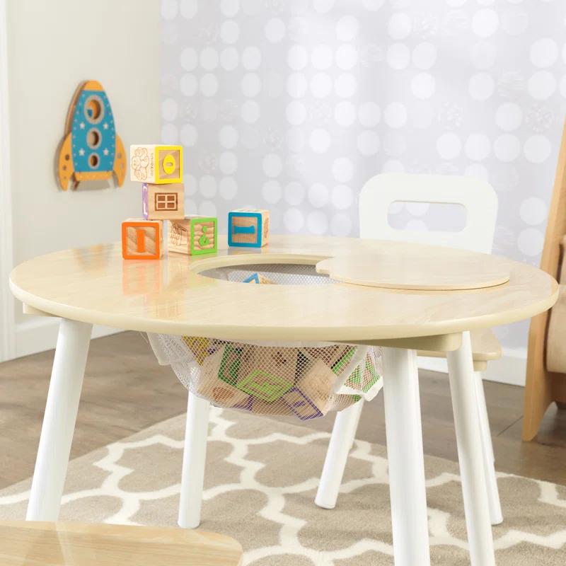KidKraft Kids' Wooden Round Storage Table & 2 Chair Set - Natural & White