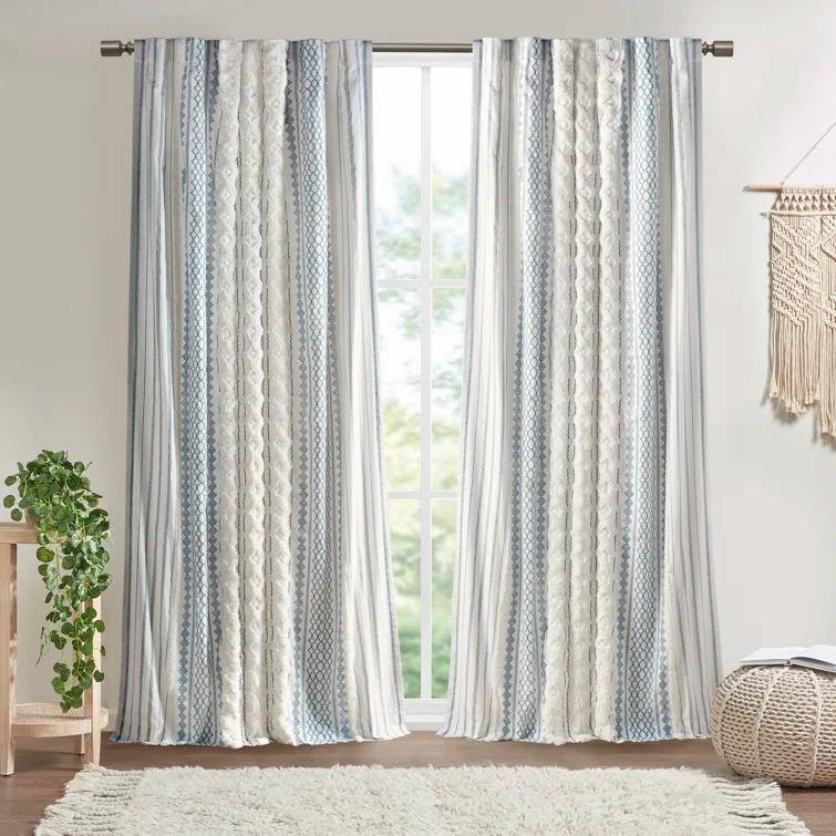 INK+IVY Imani Cotton Printed Boho Single Curtain Panel with Chenille Stripe and Lining