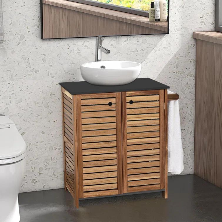 Evideco Brown and Gray Under Sink Cabinet with U-Shaped Cut-Out, Double Vented Doors, Towel Holder - Elements Collection