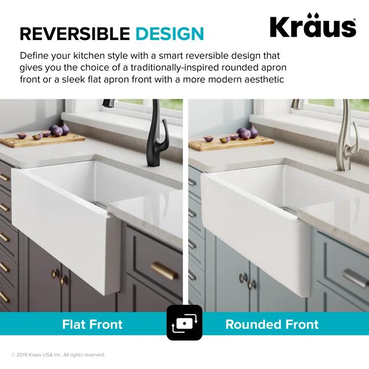 KRAUS Turino™ Reversible 33-inch L Fireclay Farmhouse Flat Apron Front Single Bowl Kitchen Sink with Bottom Grid