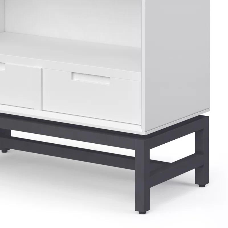 Simpli Home Banting 30"W Solid Wood 4 Shelf Industrial Bookcase with 2 Drawers, Adjustable Shelves, and Metal Base